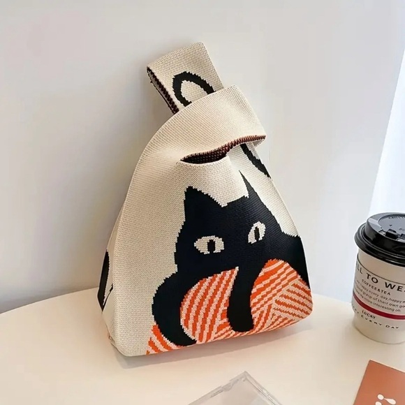 Handbags - Knitted Bag with Cat Embroidery